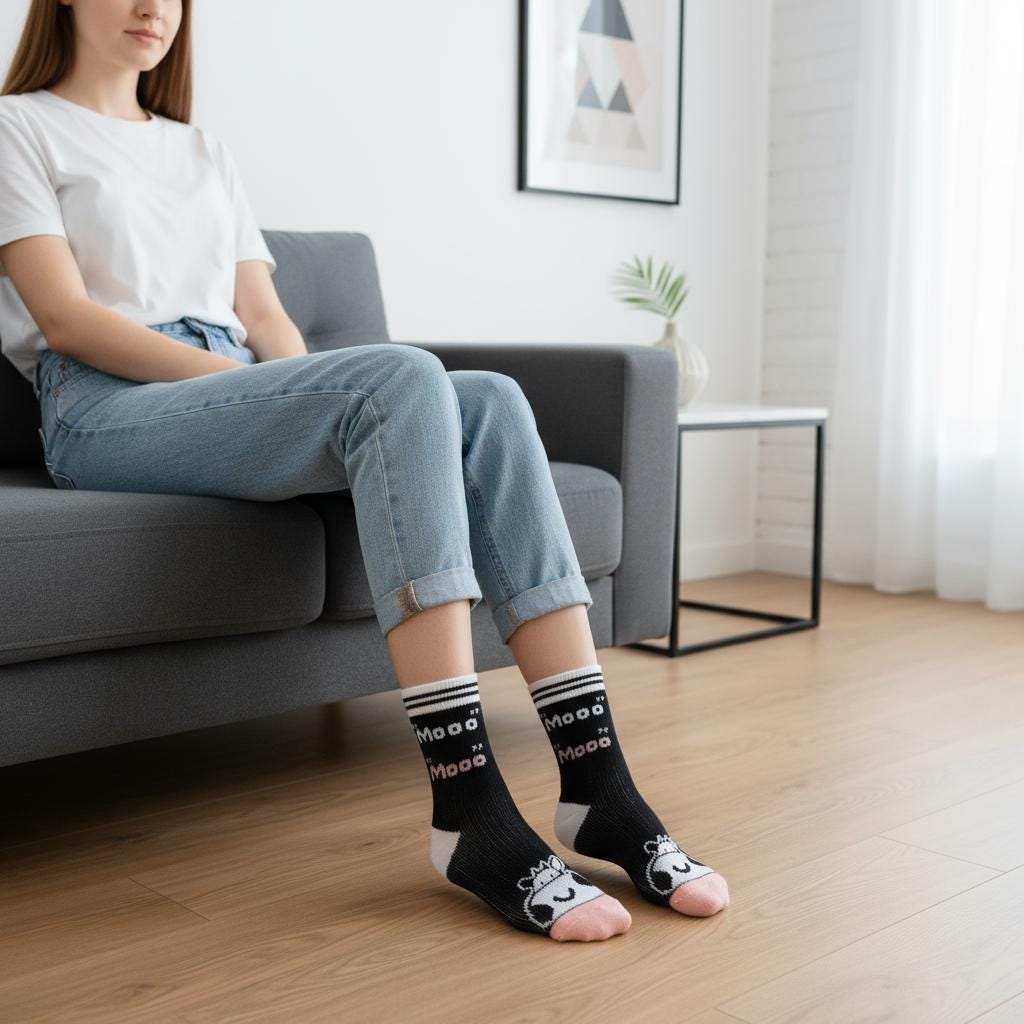 Ladies Seamless Soft Comfort Set of 6 Cow Flower Tree Pattern Crew Socks Premium Quality Gift for Her comes with a gift bag
