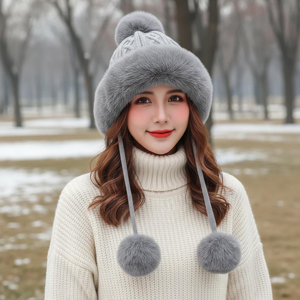 Chunky Knit Pom Pom Beanie Fleece Lined Winter Hat Comes with a gift bag
