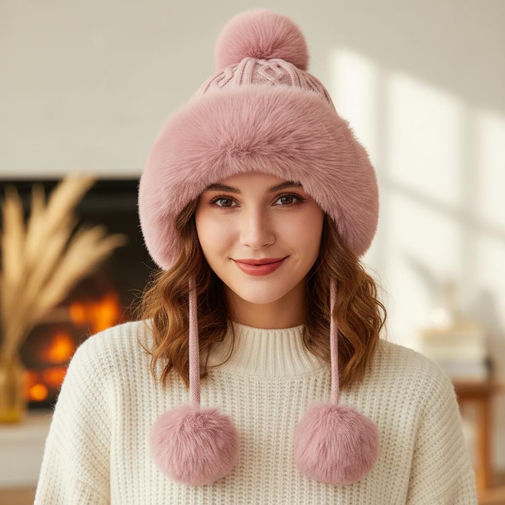 Chunky Knit Pom Pom Beanie Fleece Lined Winter Hat Comes with a gift bag