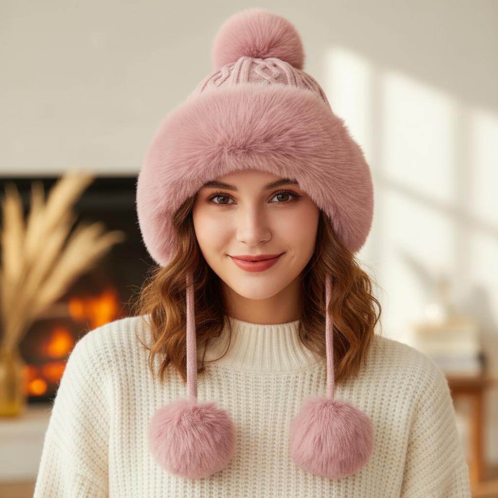 Chunky Knit Pom Pom Beanie Fleece Lined Winter Hat Comes with a gift bag