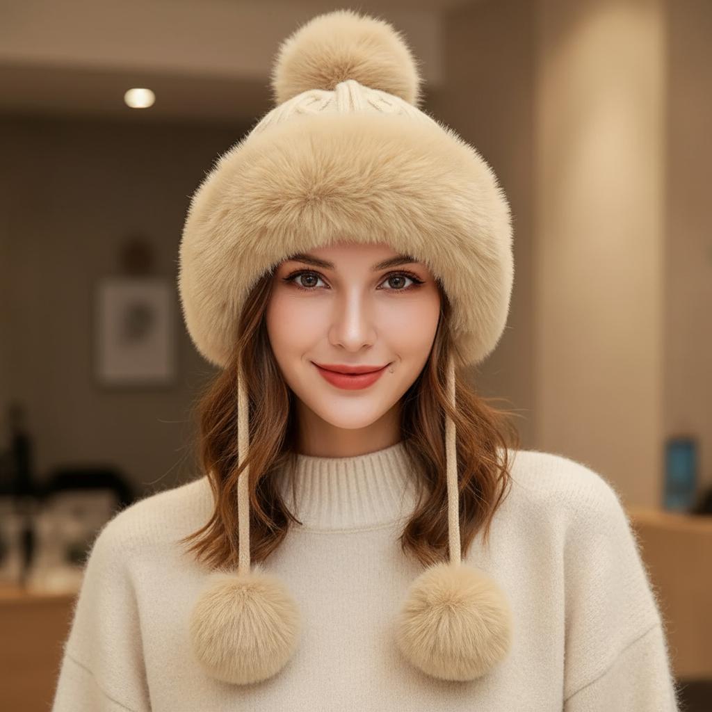 Chunky Knit Pom Pom Beanie Fleece Lined Winter Hat Comes with a gift bag