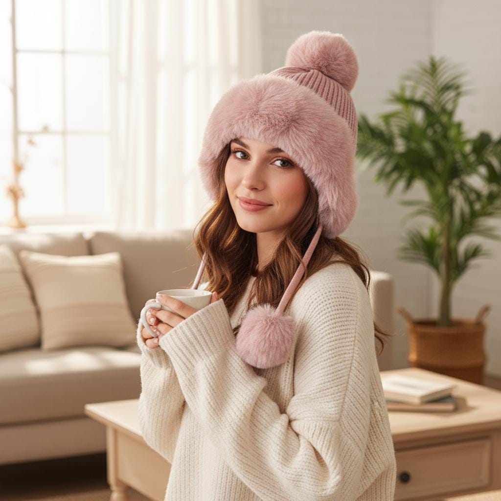 Personalized Pom Pom Knit Beanie: Chunky Winter Hat with Fleece Lining Comes with a gift bag