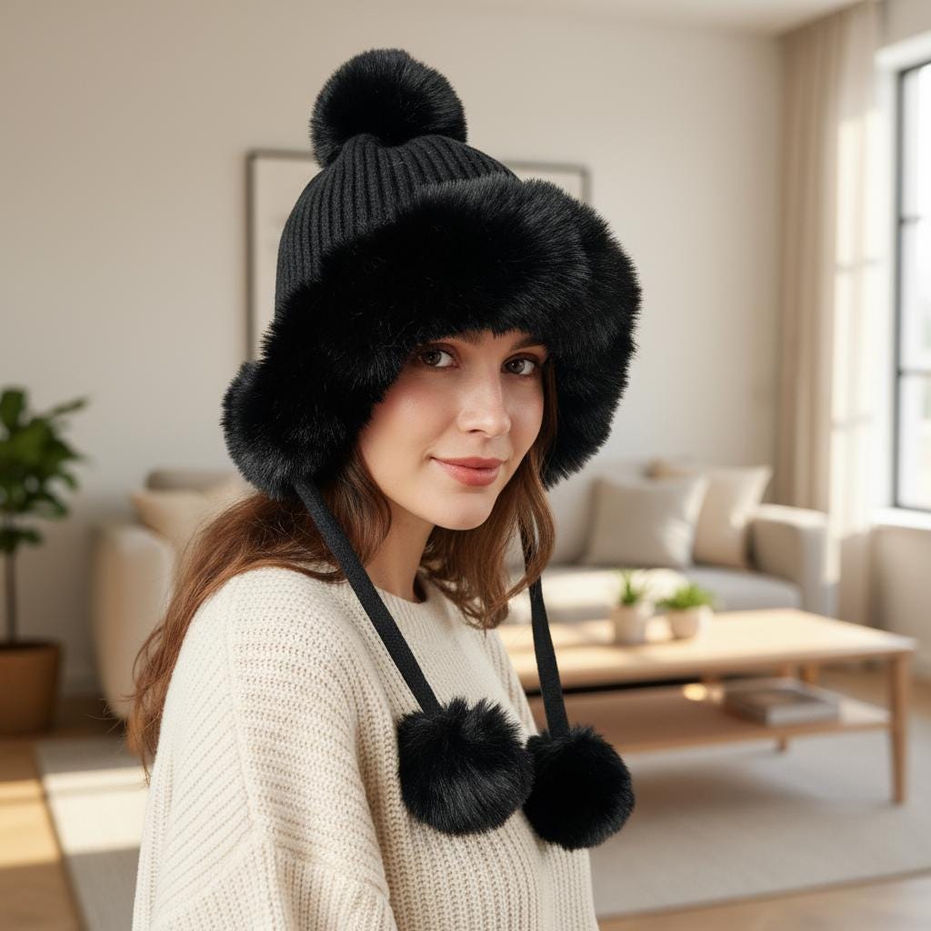 Personalized Pom Pom Knit Beanie: Chunky Winter Hat with Fleece Lining Comes with a gift bag