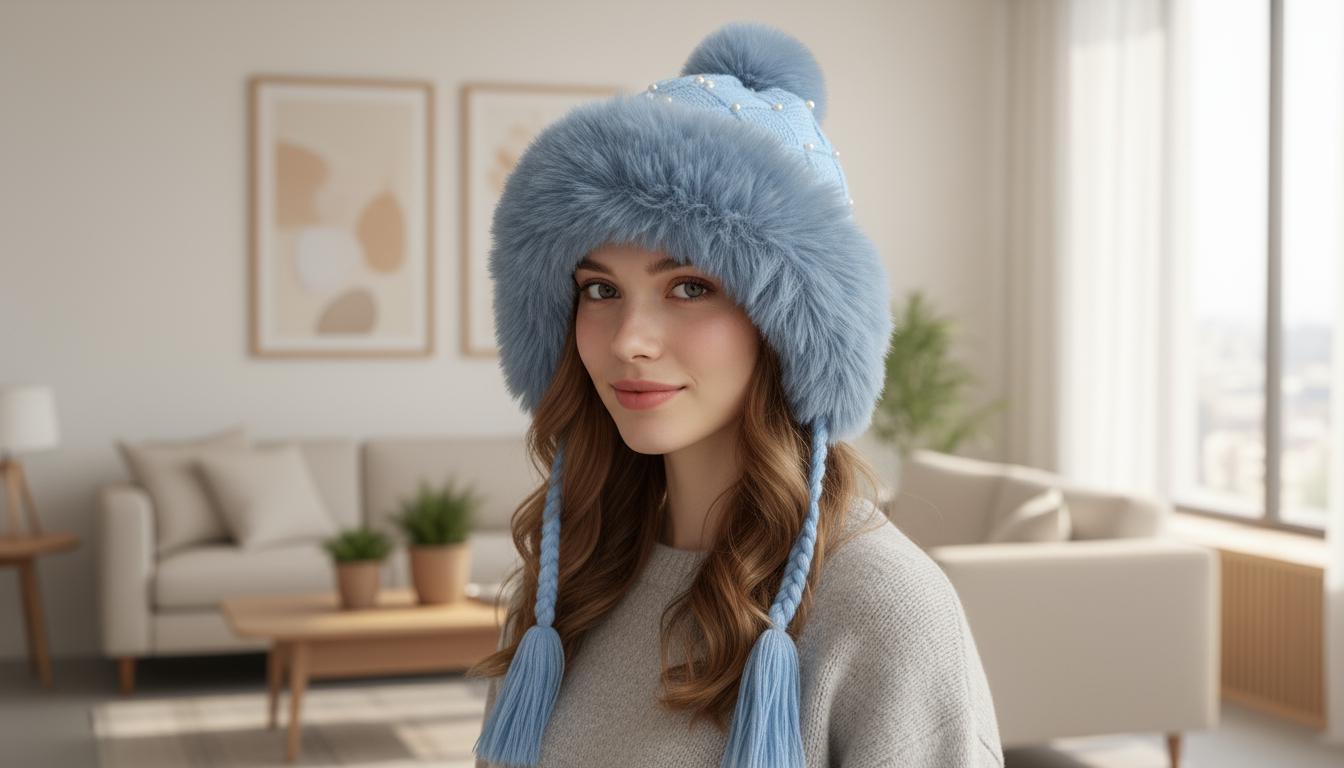 Pom Pom Chunky Knit Beanie Pearl With Fleece Fuzzy Lining Inside, Knitted Winter Hat, Boho Winter Beanie Pompom Hat Comes with a gift bag