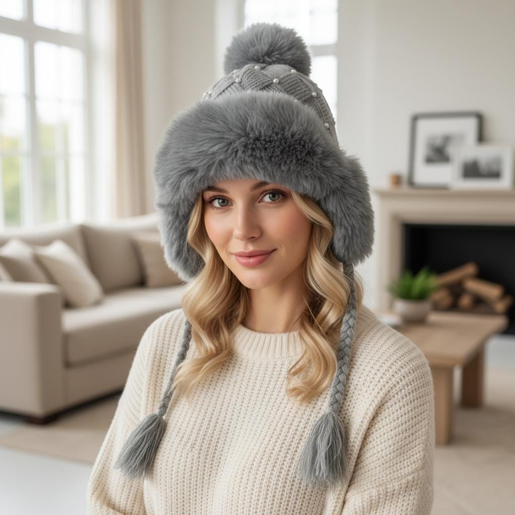 Pom Pom Chunky Knit Beanie Pearl With Fleece Fuzzy Lining Inside, Knitted Winter Hat, Boho Winter Beanie Pompom Hat Comes with a gift bag