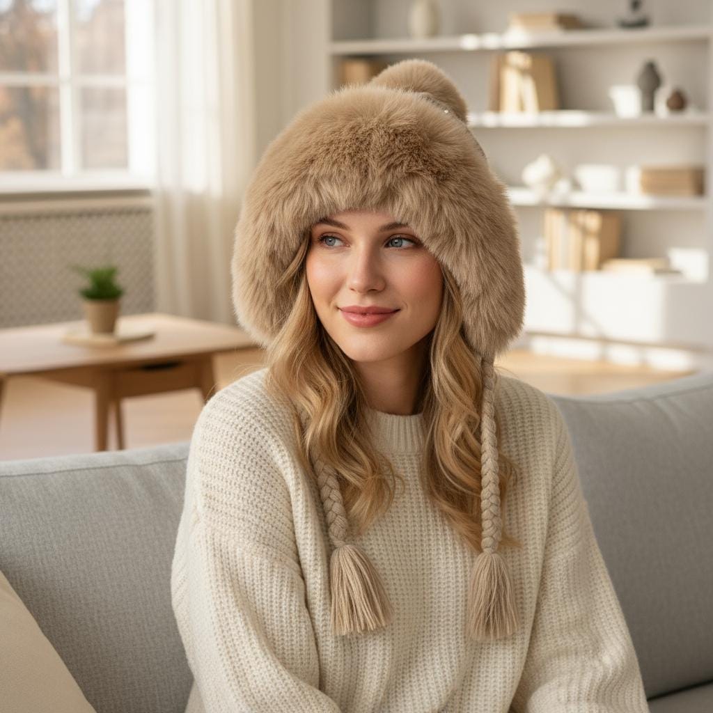 Pom Pom Chunky Knit Beanie Pearl With Fleece Fuzzy Lining Inside, Knitted Winter Hat, Boho Winter Beanie Pompom Hat Comes with a gift bag