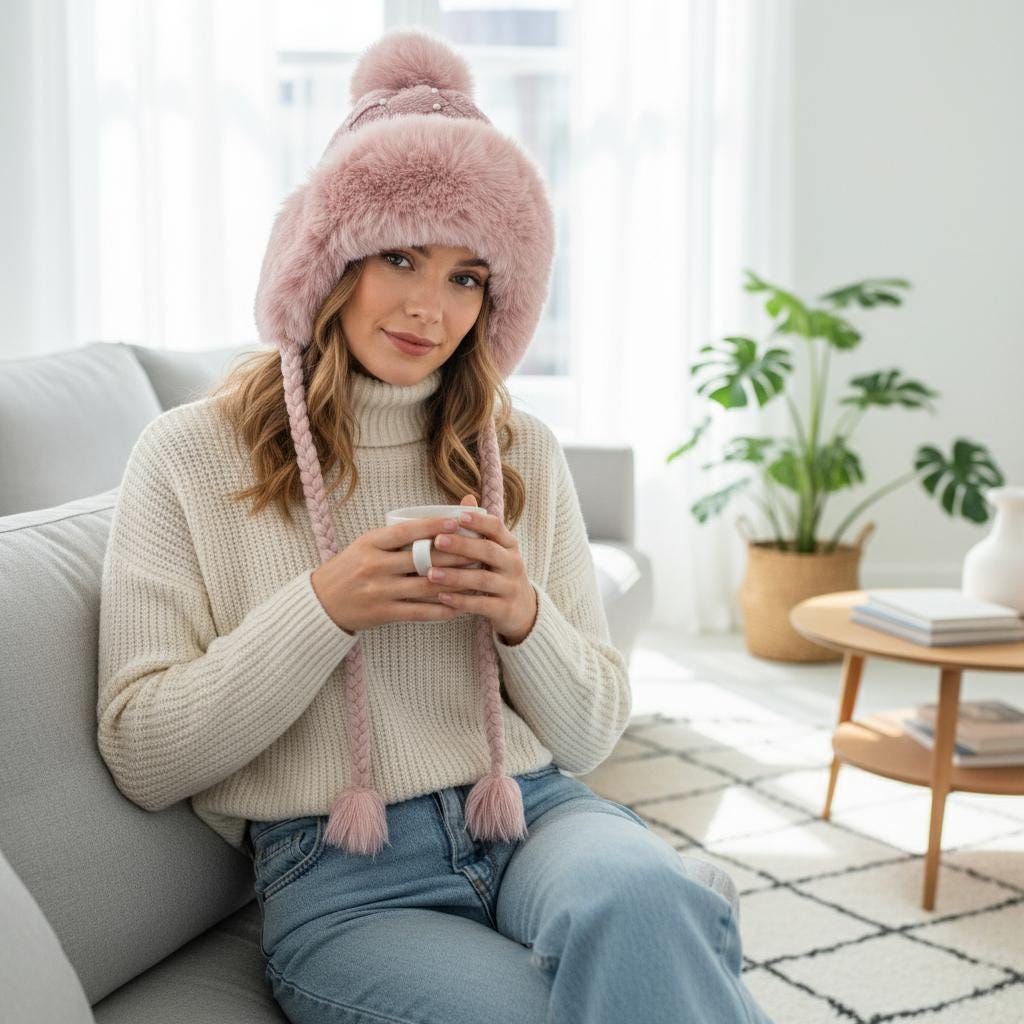 Pom Pom Chunky Knit Beanie Pearl With Fleece Fuzzy Lining Inside, Knitted Winter Hat, Boho Winter Beanie Pompom Hat Comes with a gift bag