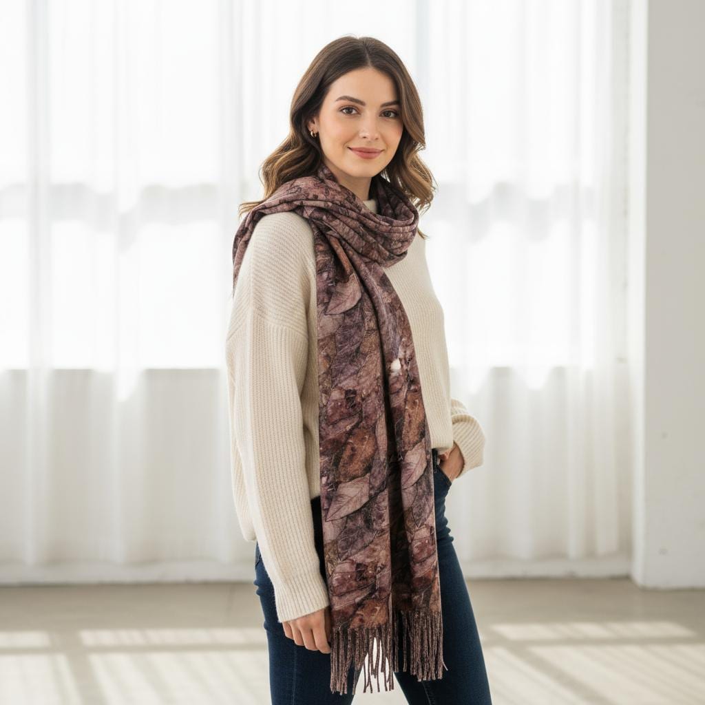 Leaf Print Oversized Scarf Watercolour Botanical Wrap Long Fringed Blanket Scarf Shawl