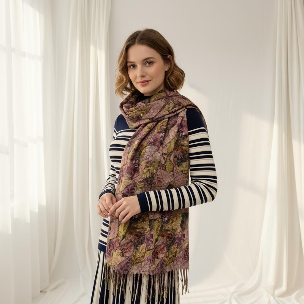 Leaf Print Oversized Scarf Watercolour Botanical Wrap Long Fringed Blanket Scarf Shawl