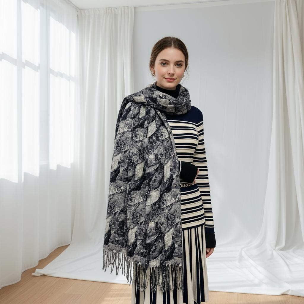Leaf Print Oversized Scarf Watercolour Botanical Wrap Long Fringed Blanket Scarf Shawl