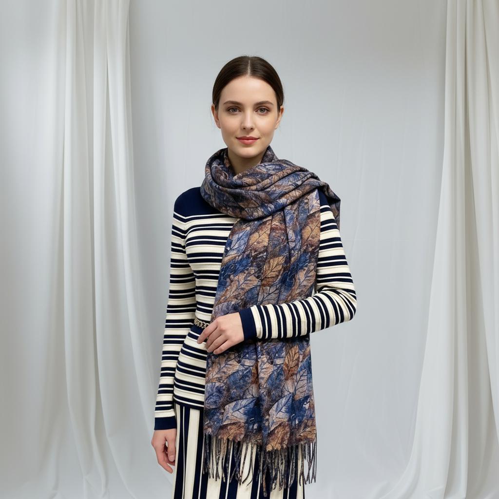 Leaf Print Oversized Scarf Watercolour Botanical Wrap Long Fringed Blanket Scarf Shawl
