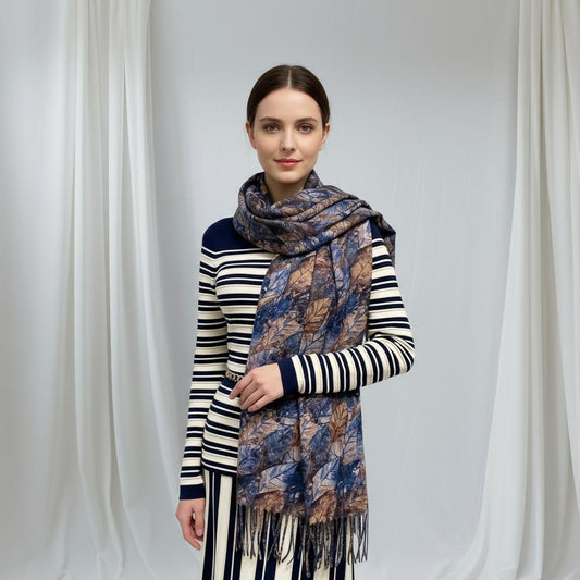 Leaf Print Oversized Scarf Watercolour Botanical Wrap Long Fringed Blanket Scarf Shawl