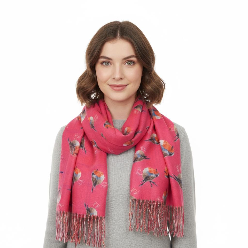 Robin Bird Print Scarf Cashmere Feel Pashmina Shawl Come With A Magnetic Brooch Comes with a gift bag