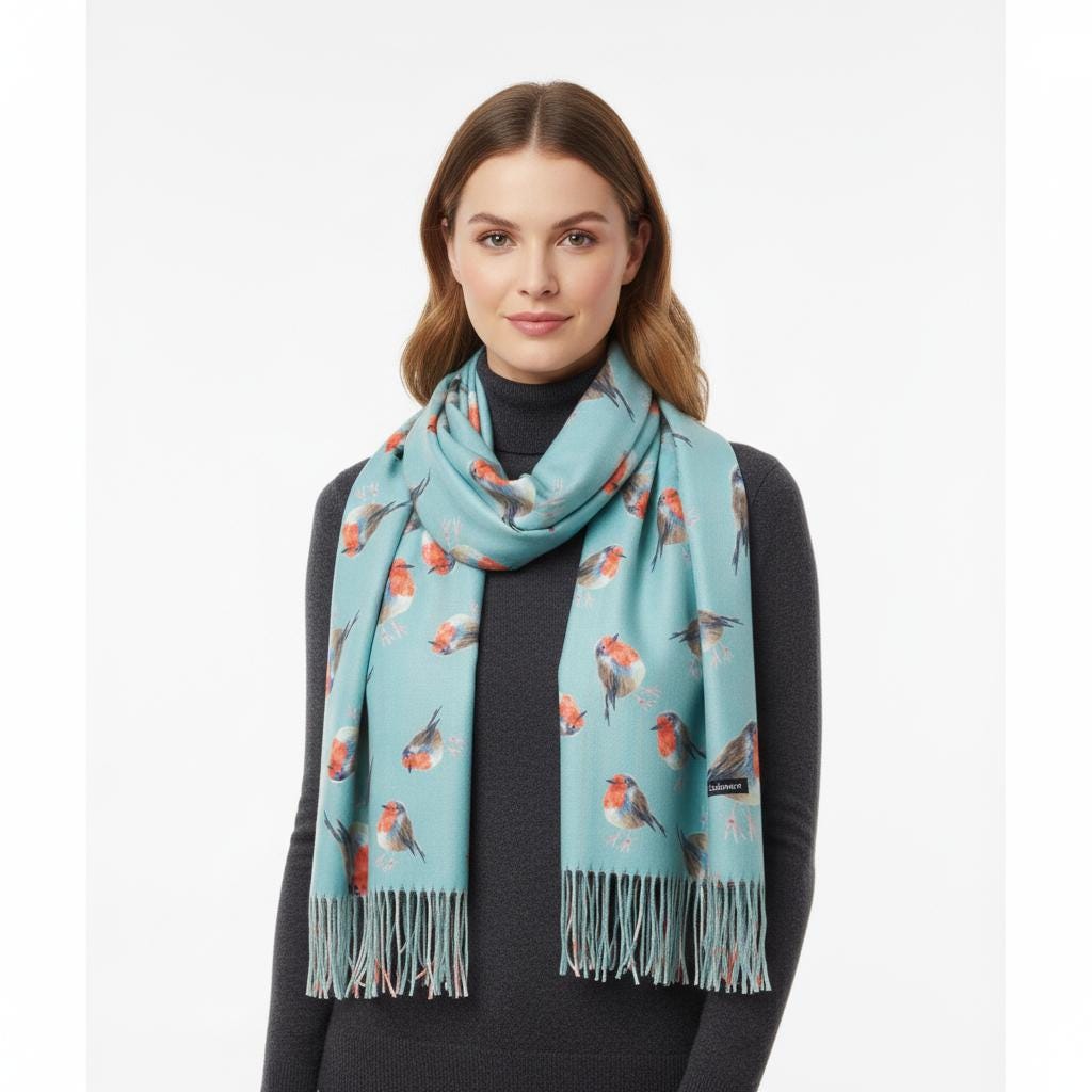 Robin Bird Print Scarf Cashmere Feel Pashmina Shawl Come With A Magnetic Brooch Comes with a gift bag