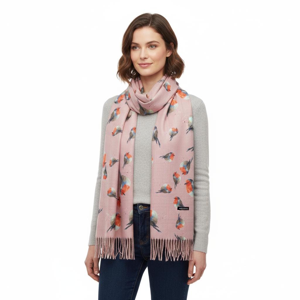 Robin Bird Print Scarf Cashmere Feel Pashmina Shawl Come With A Magnetic Brooch Comes with a gift bag