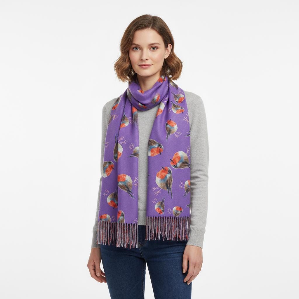 Robin Bird Print Scarf Cashmere Feel Pashmina Shawl Come With A Magnetic Brooch Comes with a gift bag