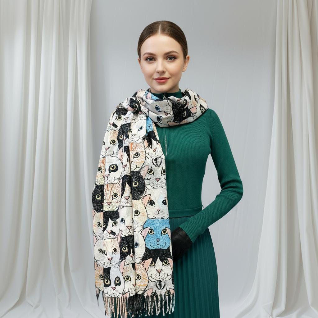 Cute Cat Print Cashmere Feel Shawl Wrap Scarf For Women Comes with a gift bag