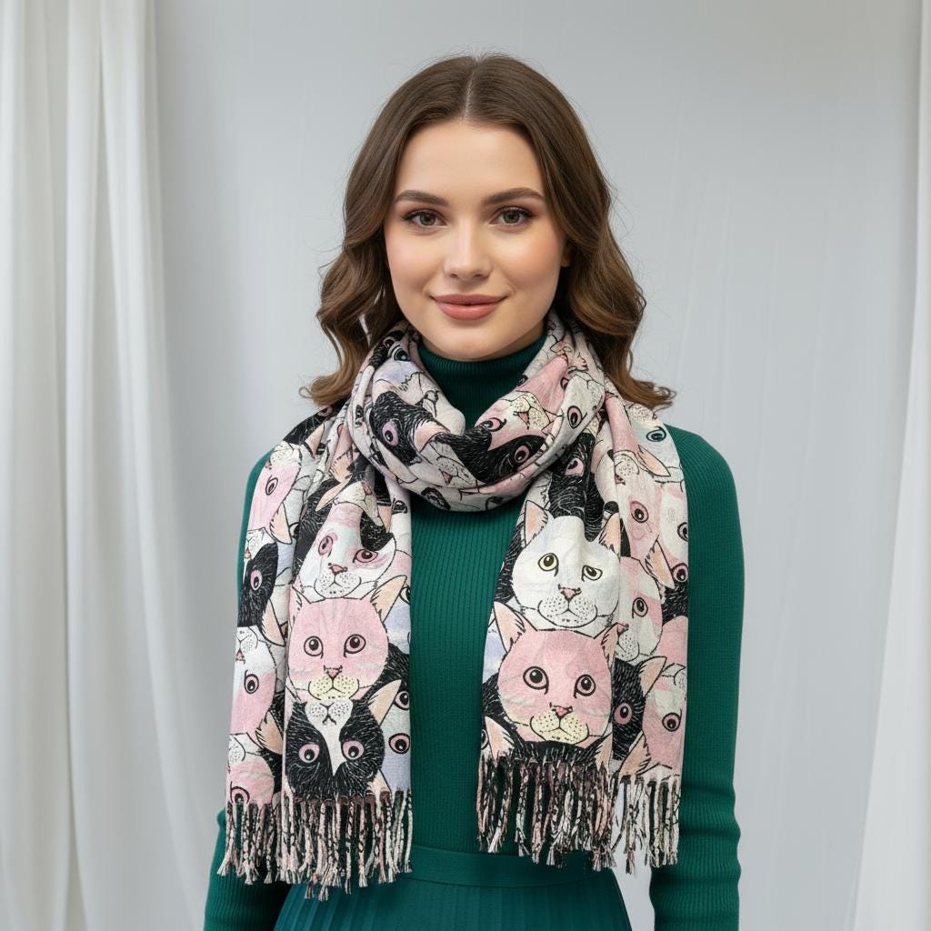 Cute Cat Print Cashmere Feel Shawl Wrap Scarf For Women Comes with a gift bag