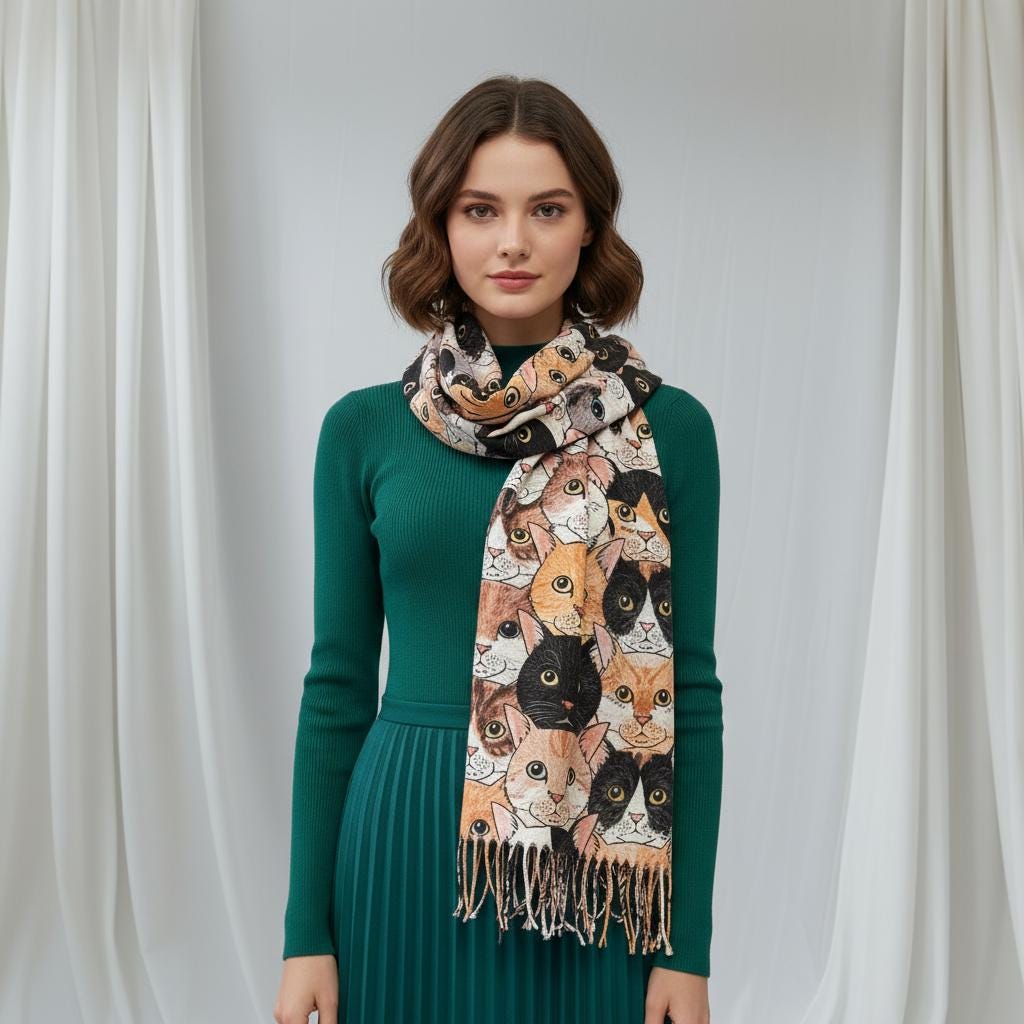 Cute Cat Print Cashmere Feel Shawl Wrap Scarf For Women Comes with a gift bag