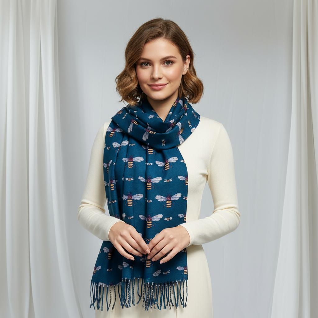 Bee Cashmere Feel Soft Warm Busy Bees Printed Scarves Wrap With Tassels A free Magnetic Brooch Comes with a gift bag