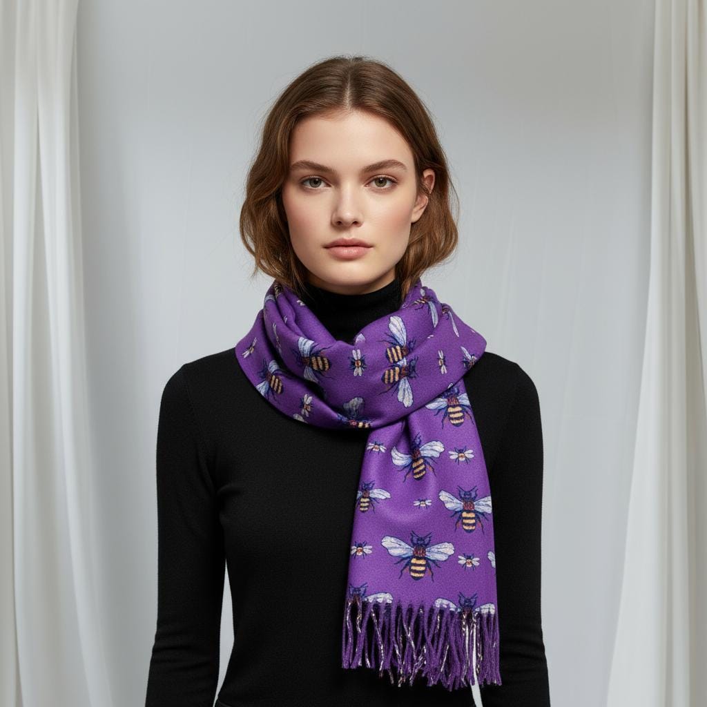 Bee Cashmere Feel Soft Warm Busy Bees Printed Scarves Wrap With Tassels A free Magnetic Brooch Comes with a gift bag