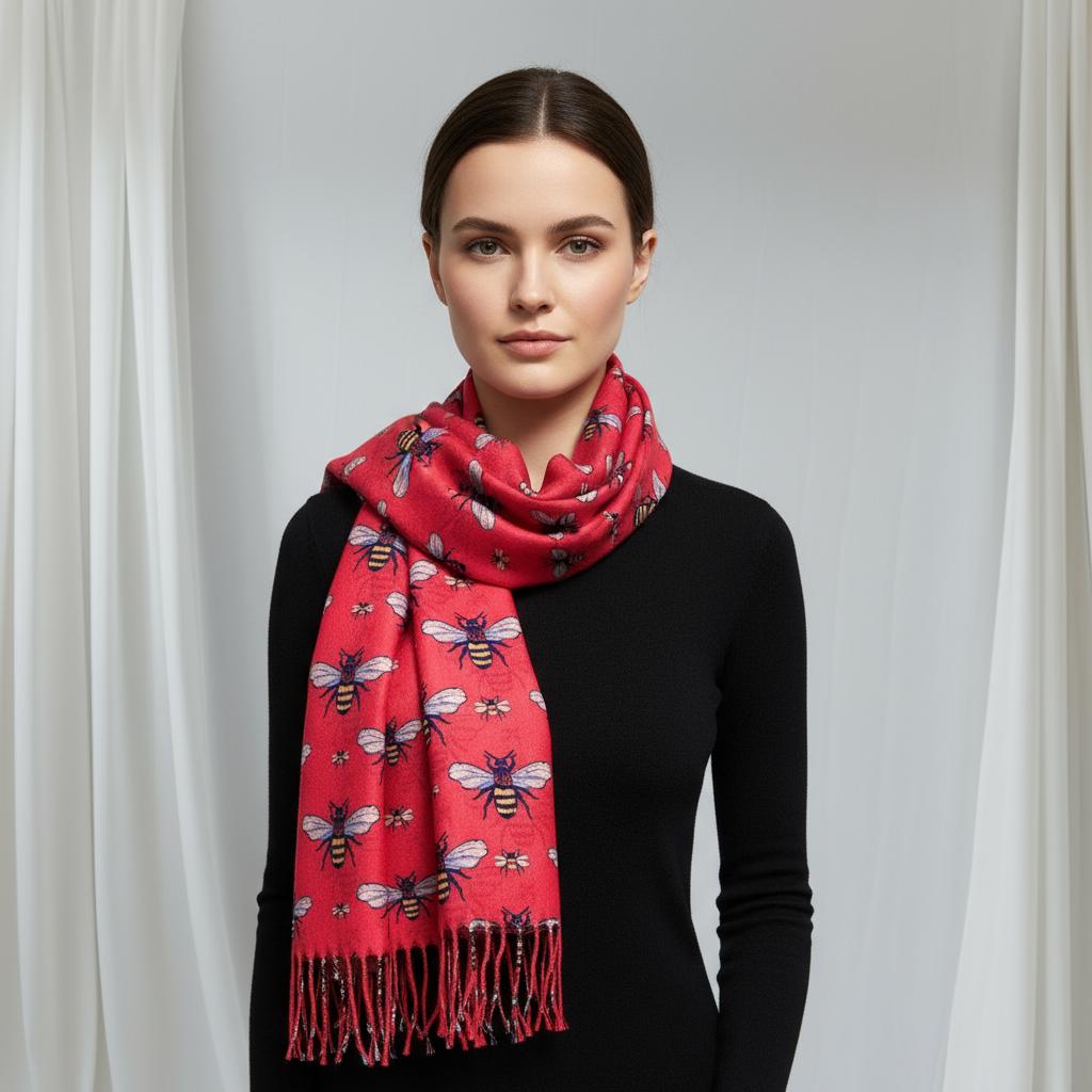 Bee Cashmere Feel Soft Warm Busy Bees Printed Scarves Wrap With Tassels A free Magnetic Brooch Comes with a gift bag