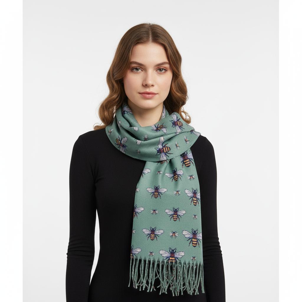Bee Cashmere Feel Soft Warm Busy Bees Printed Scarves Wrap With Tassels A free Magnetic Brooch Comes with a gift bag