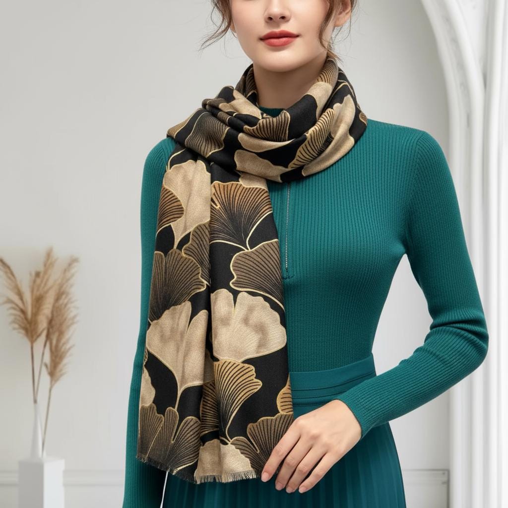 Ginkgo Flower Print Ladies Celebrity Style Scarves Scarf Wrap Comes with a gift bag