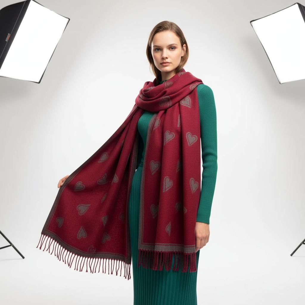Love Heart Cashmere Blend Soft Large Reversible With Fringes Winter Scarf Shawl With A Magnetic Brooch Comes with a gift bag
