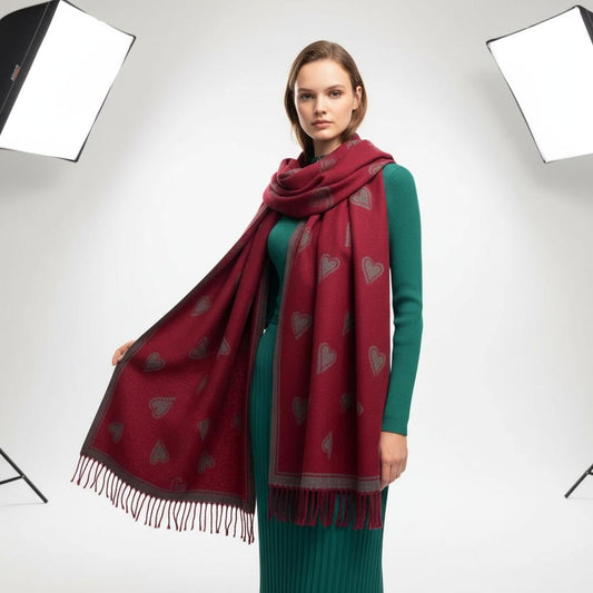 Love Heart Cashmere Blend Soft Large Reversible With Fringes Winter Scarf Shawl With A Magnetic Brooch Comes with a gift bag
