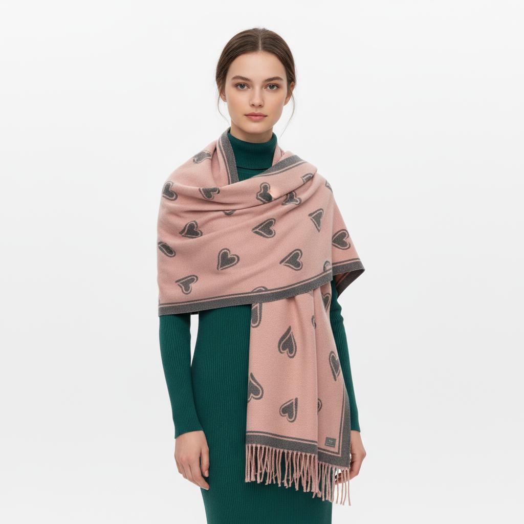 Love Heart Cashmere Blend Soft Large Reversible With Fringes Winter Scarf Shawl With A Magnetic Brooch Comes with a gift bag