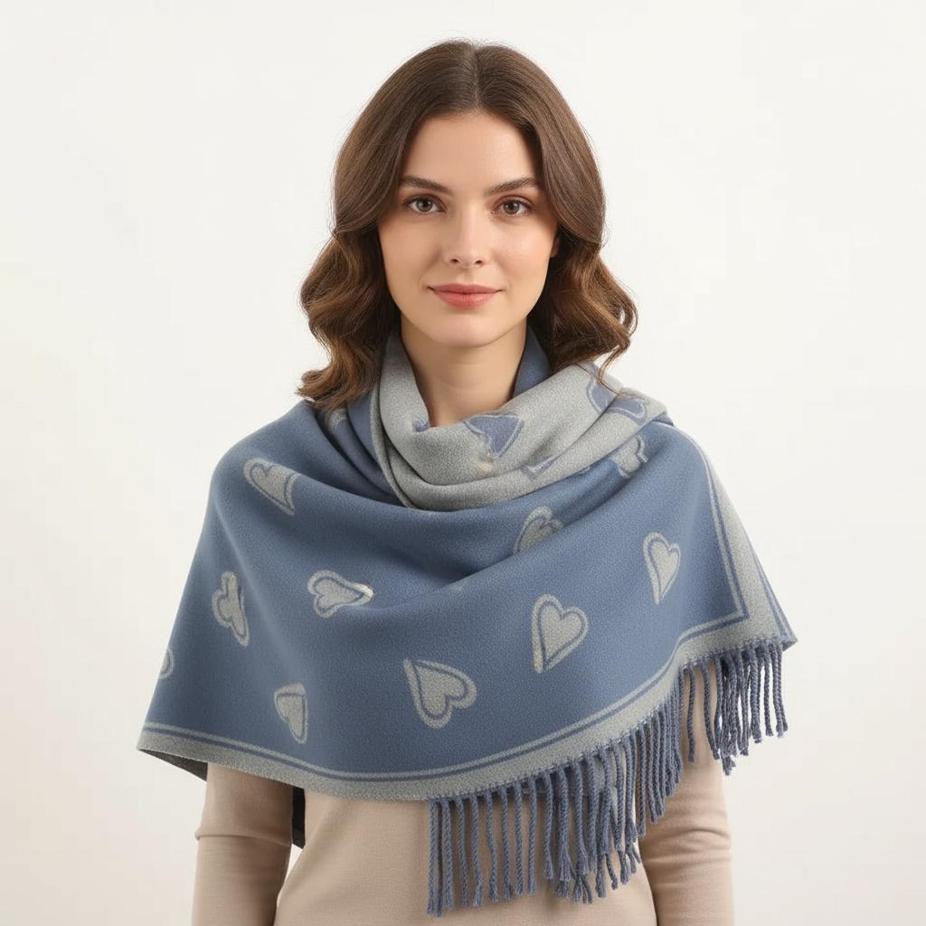 Love Heart Cashmere Blend Soft Large Reversible With Fringes Winter Scarf Shawl With A Magnetic Brooch Comes with a gift bag