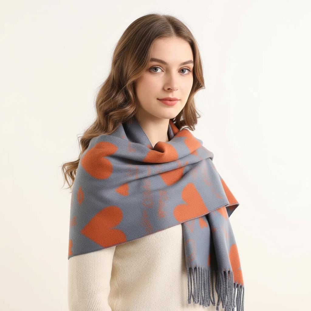 Love Heart Cashmere Blend High Quality Soft Large Reversible Winter Scarf Blanket Scarf Shawl With A Magnetic Brooch Comes with a gift bag