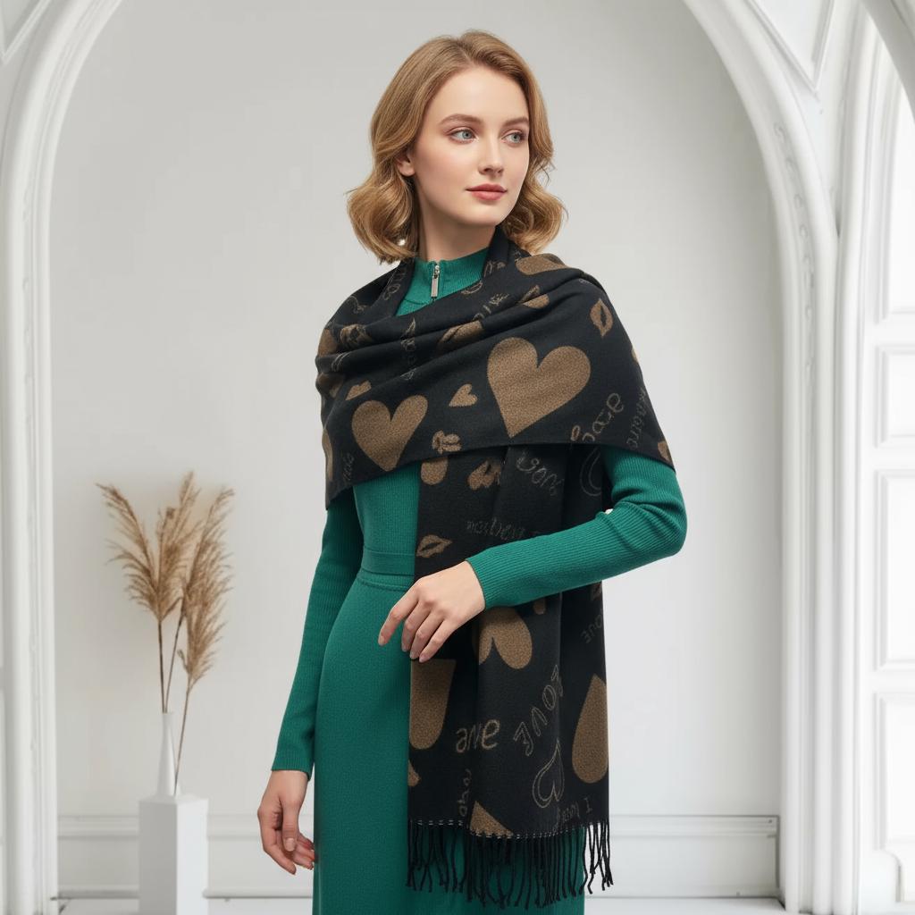 Love Heart Cashmere Blend High Quality Soft Large Reversible Winter Scarf Blanket Scarf Shawl With A Magnetic Brooch Comes with a gift bag