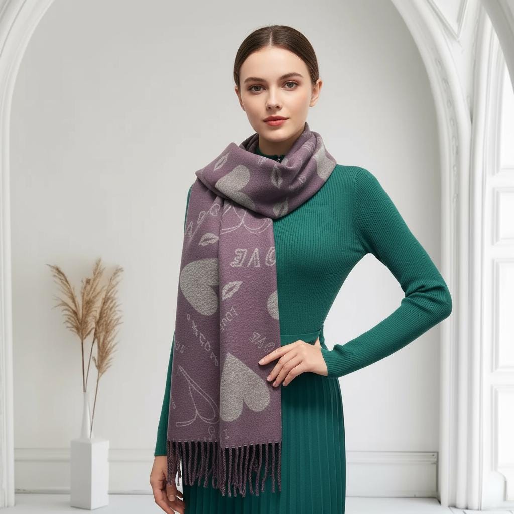 Love Heart Cashmere Blend High Quality Soft Large Reversible Winter Scarf Blanket Scarf Shawl With A Magnetic Brooch Comes with a gift bag