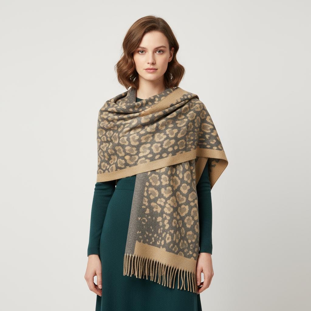 Leopard Cashmere Blend High Quality Soft Large Reversible With Fringes Winter Scarf Shawl With A Free Magnetic Brooch Comes with a gift bag