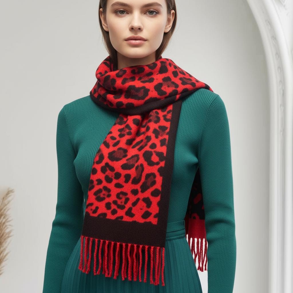 Leopard Cashmere Blend High Quality Soft Large Reversible With Fringes Winter Scarf Shawl With A Free Magnetic Brooch Comes with a gift bag