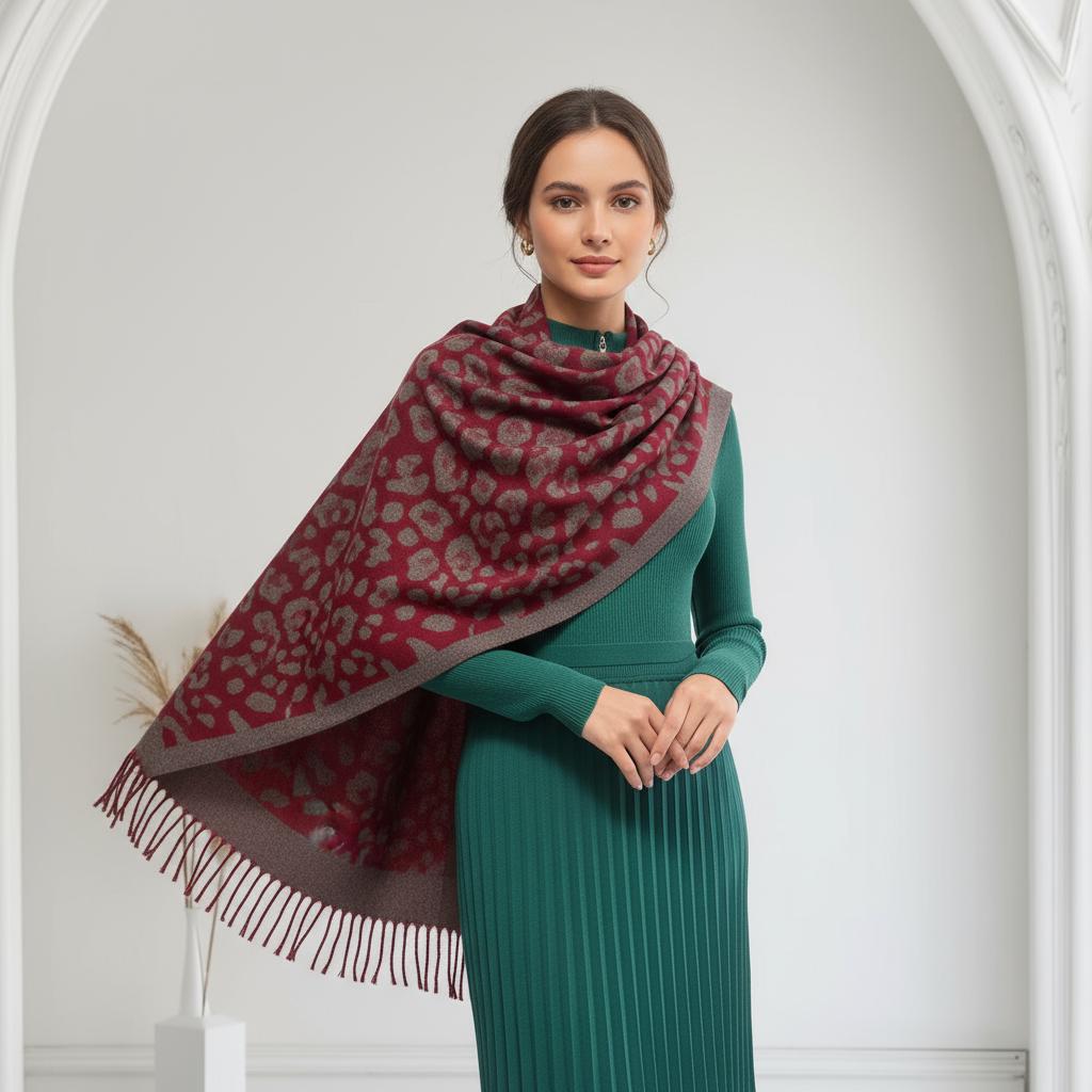 Leopard Cashmere Blend High Quality Soft Large Reversible With Fringes Winter Scarf Shawl With A Free Magnetic Brooch Comes with a gift bag