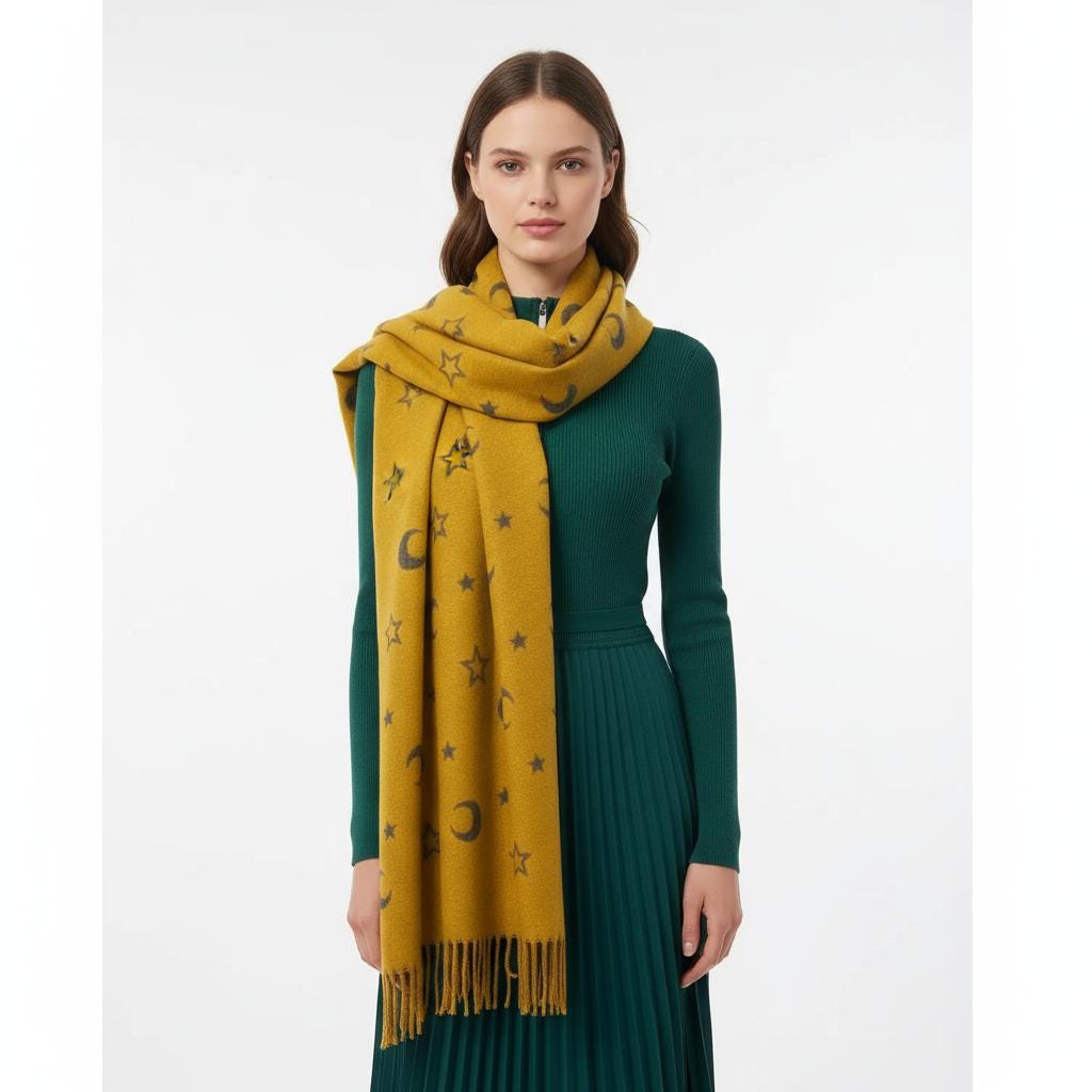 Moon and Stars Cashmere Blend Scarf: Reversible Blanket Shawl Comes with a gift bag