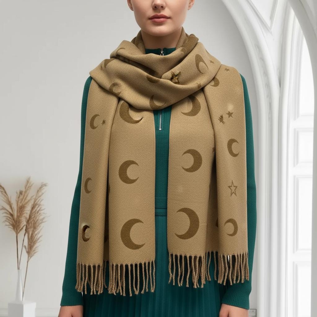 Moon and Stars Cashmere Blend Scarf: Reversible Blanket Shawl Comes with a gift bag