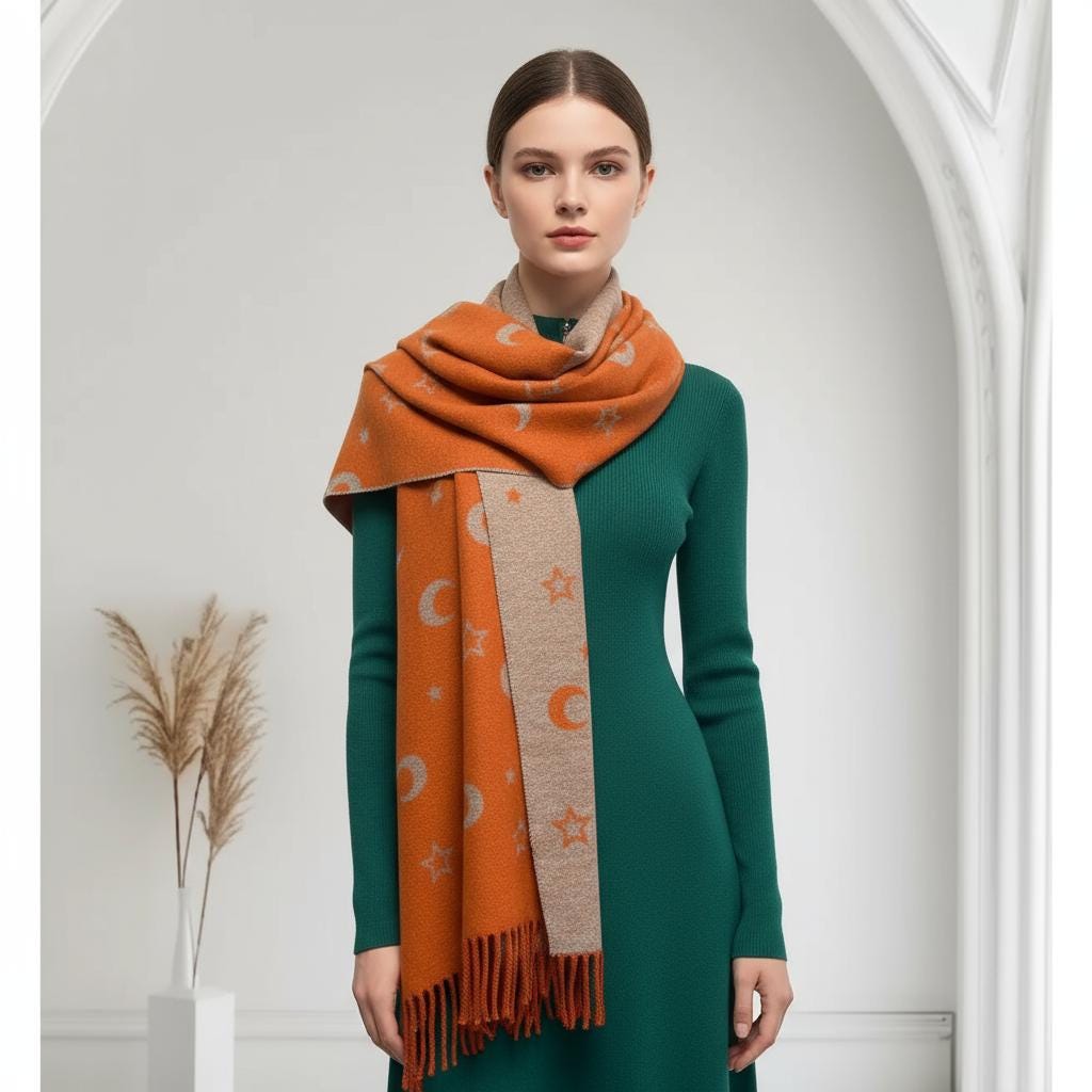 Moon and Stars Cashmere Blend Scarf: Reversible Blanket Shawl Comes with a gift bag