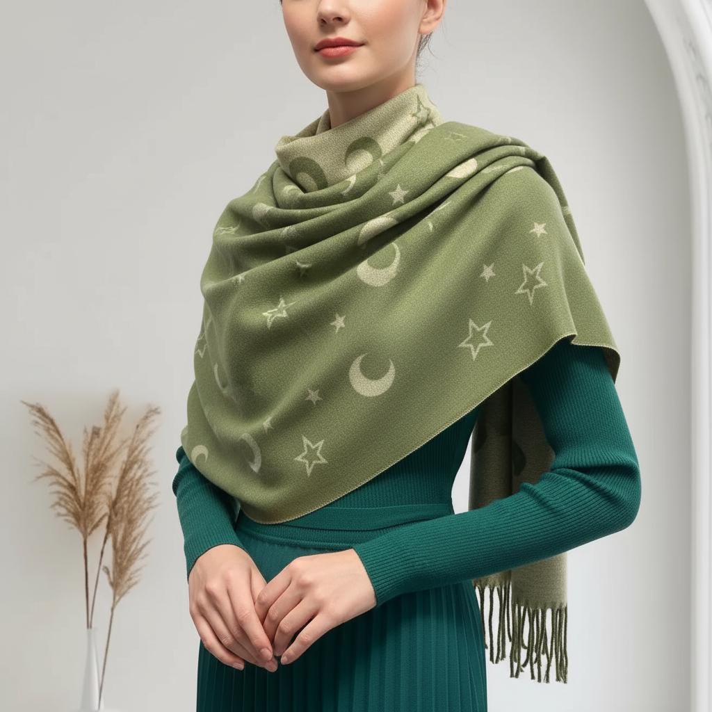 Moon and Stars Cashmere Blend Scarf: Reversible Blanket Shawl Comes with a gift bag