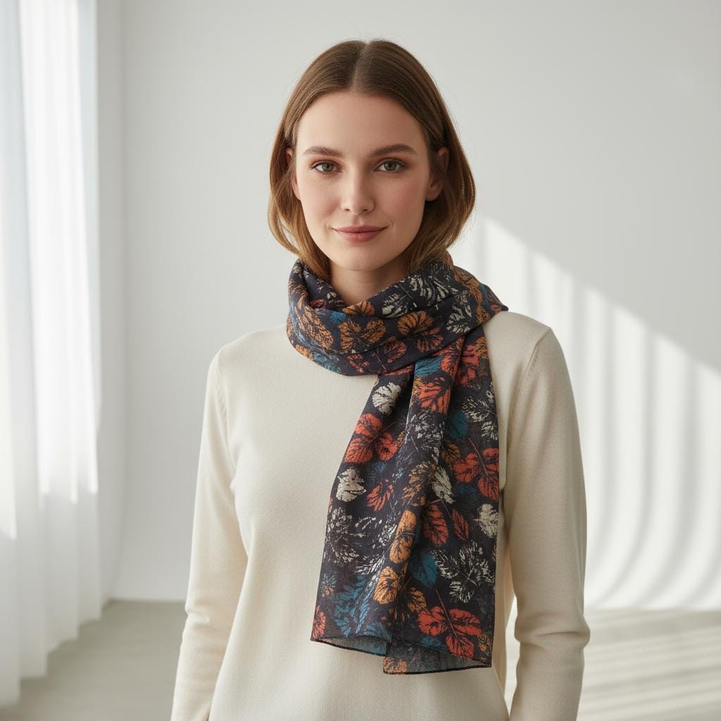 Autumn Leaf Print Scarf: Lightweight Viscose Fashion Wrap Comes with a gift bag