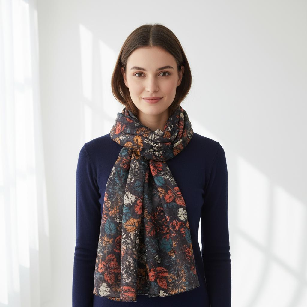 Autumn Leaf Print Scarf: Lightweight Viscose Fashion Wrap Comes with a gift bag