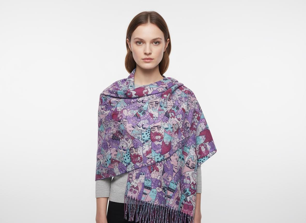 Cute Cat Print Cashmere Feel Shawl Wrap Scarf For Cat Lovers Comes with a gift bag