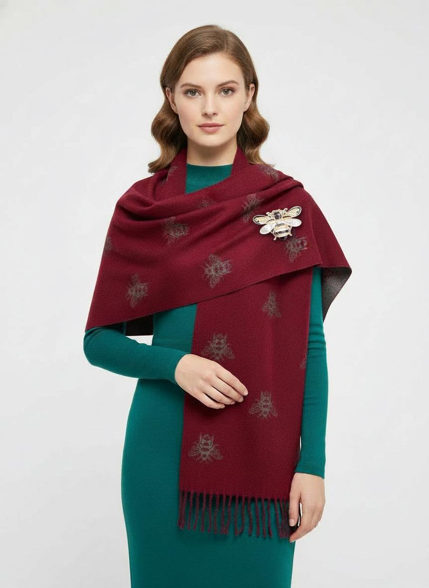 Bee Print Cashmere-Feel Scarf – Grey Wool-Style Wrap with Free Magnetic Brooch