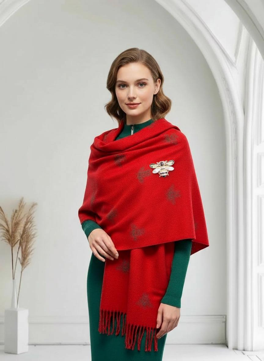 Bee Print Cashmere-Feel Scarf – Grey Wool-Style Wrap with Free Magnetic Brooch