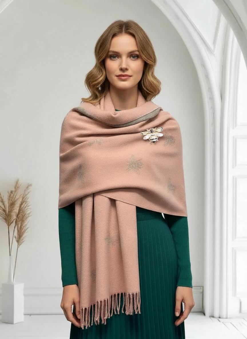 Bee Print Cashmere-Feel Scarf – Grey Wool-Style Wrap with Free Magnetic Brooch