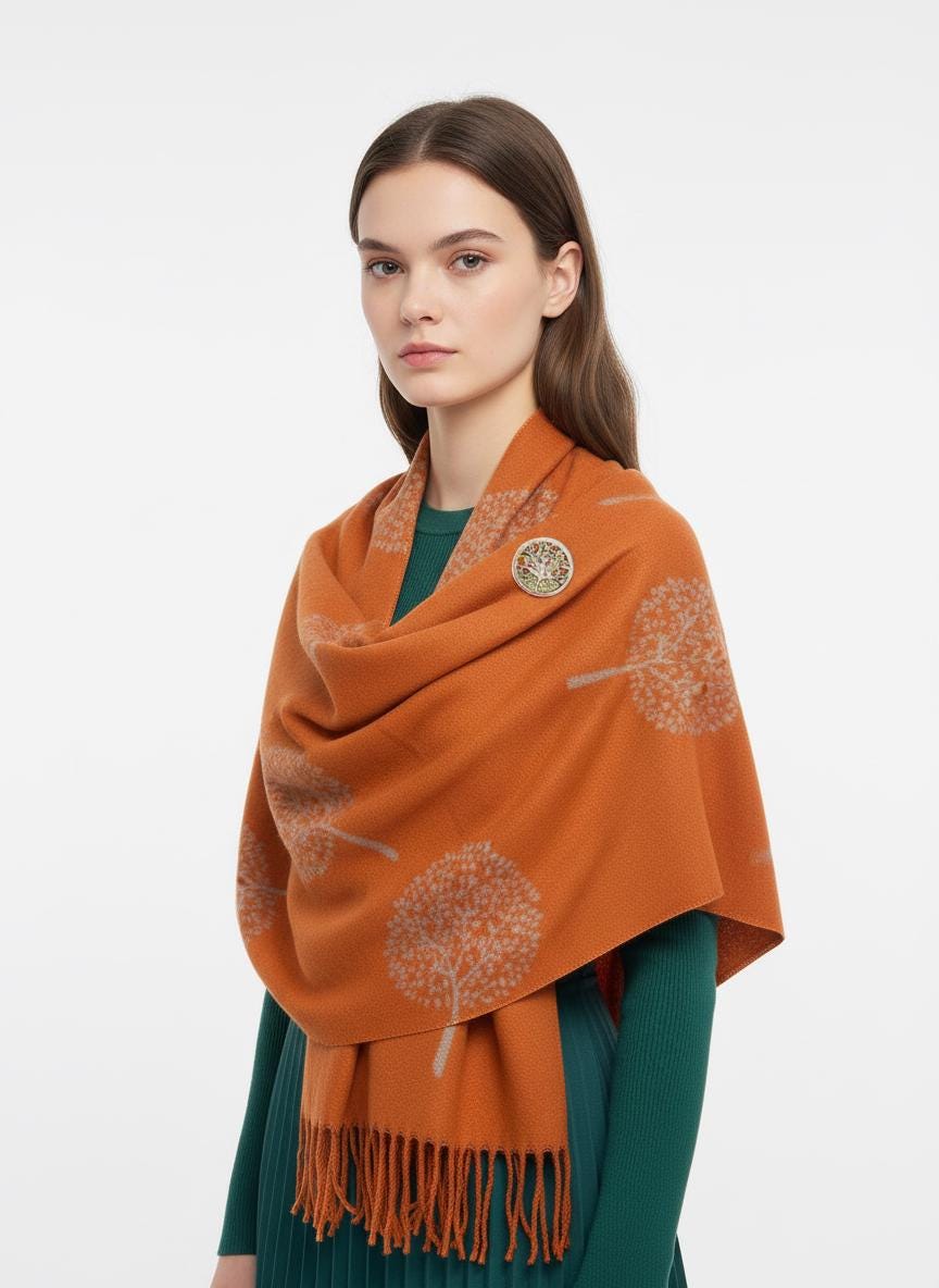 Tree of Life Cashmere Blend Scarf with Magnetic Brooch Comes with a gift bag