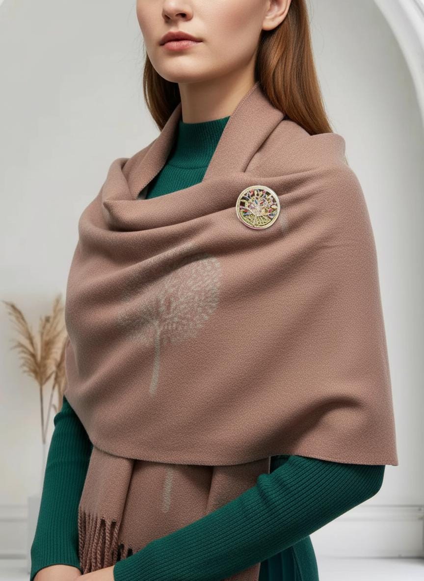 Tree of Life Cashmere Blend Scarf with Magnetic Brooch Comes with a gift bag